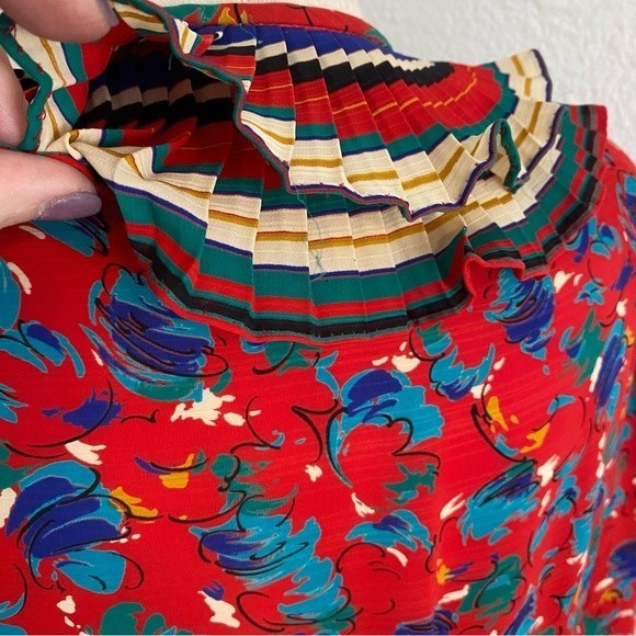Vintage Assorti Floral Blue Red Wrap Front Unique Waist Pleated Maxi Dress SZ M - Picture 11 of 14